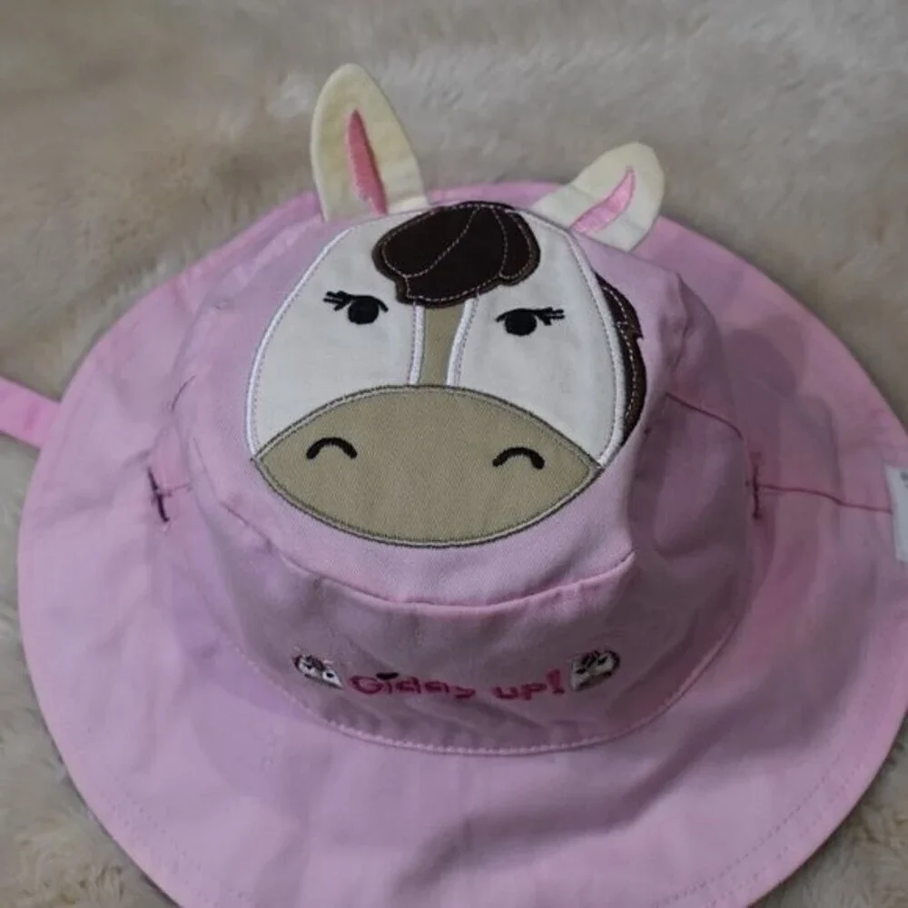 Girls  Horse Reversable Bucket Hat Pink Blue Summer Beach Sun Cap